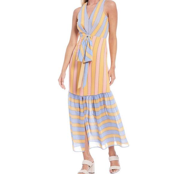4 NWT Sachin & Babi Dale Striped V-Neck Sleeveless Tie Waist Dress MSRP $295